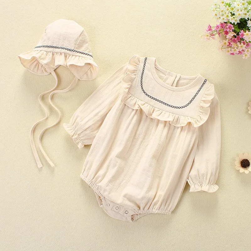 

Baby Girls Princess Spring Autumn Clothes 100% Cotton Long Sleeve Casual Cute Lovely Bodysuit+Cap 2Pcs Kids Girl Clothes Outfits
