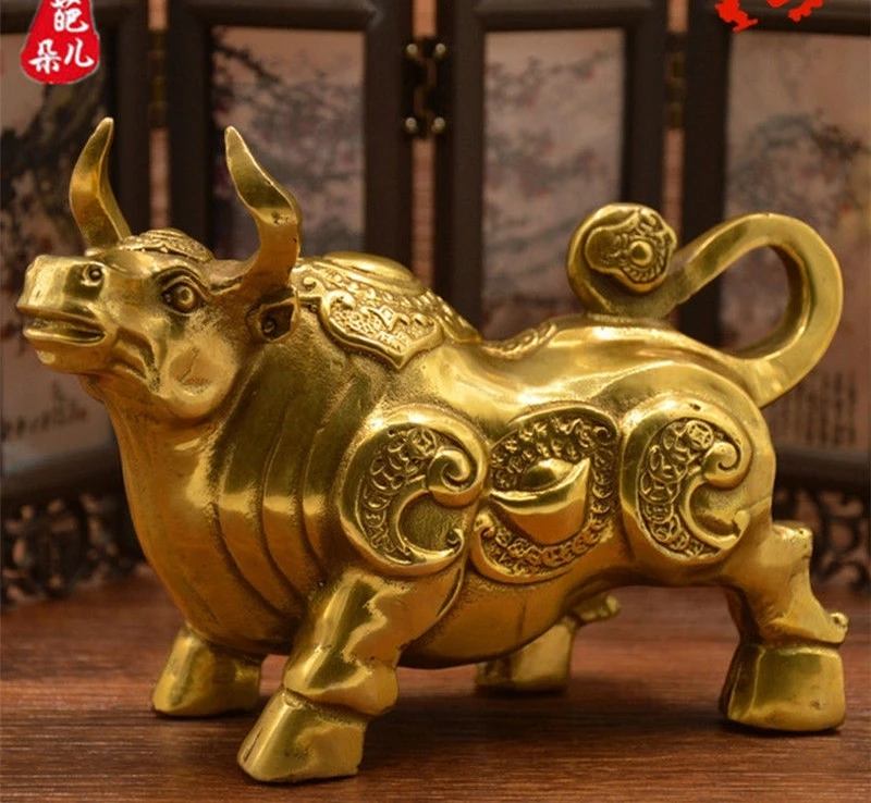 

FengShui Chinese Pure Brass Copper Year Zodiac Wealth Animals Bull Ox Statue 1