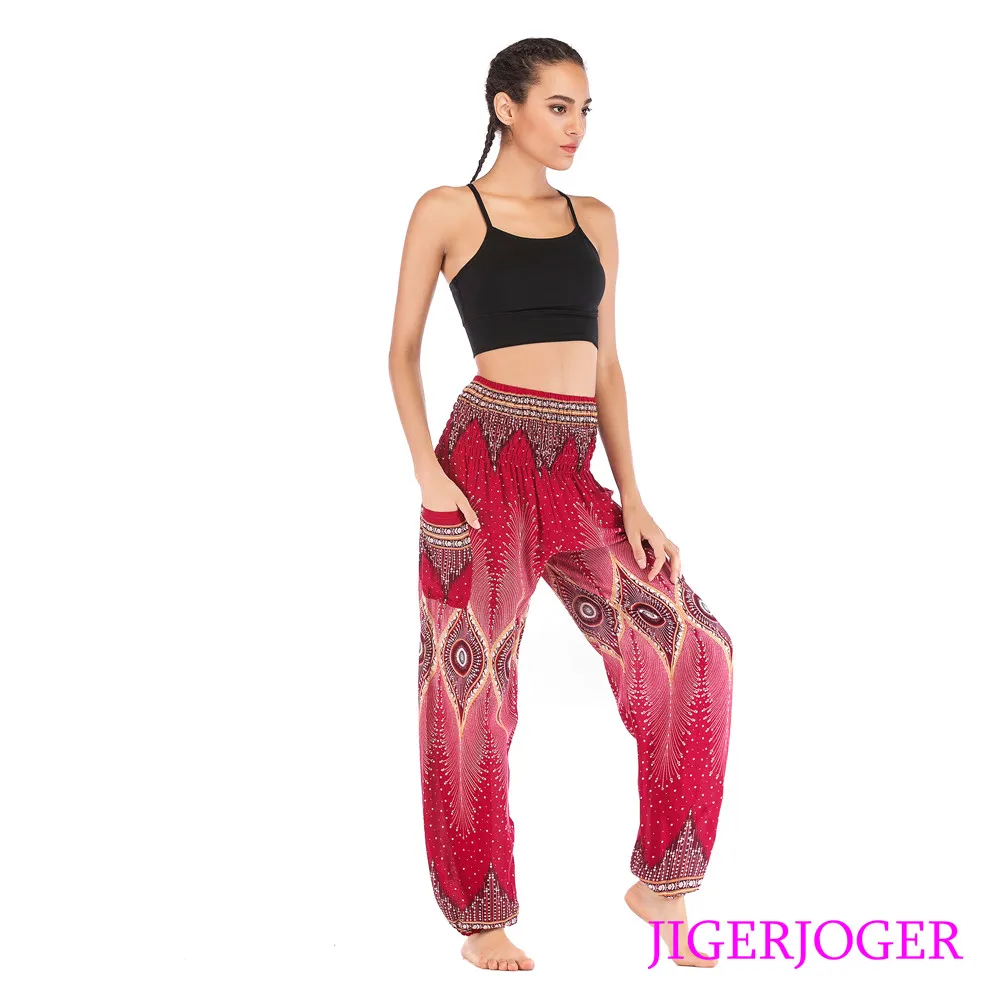 JIGERJOGER Хлопковые Штаны шаровары с карманами в виде павлиньих глаз цвета красного