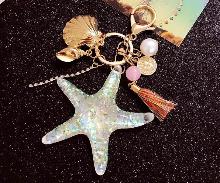

new 1 pcs New Cartoon Sea World Starfish Pearl Shell Keychain Key Chain KeyRing Crystal Pendant Keychain Women Girl Gift