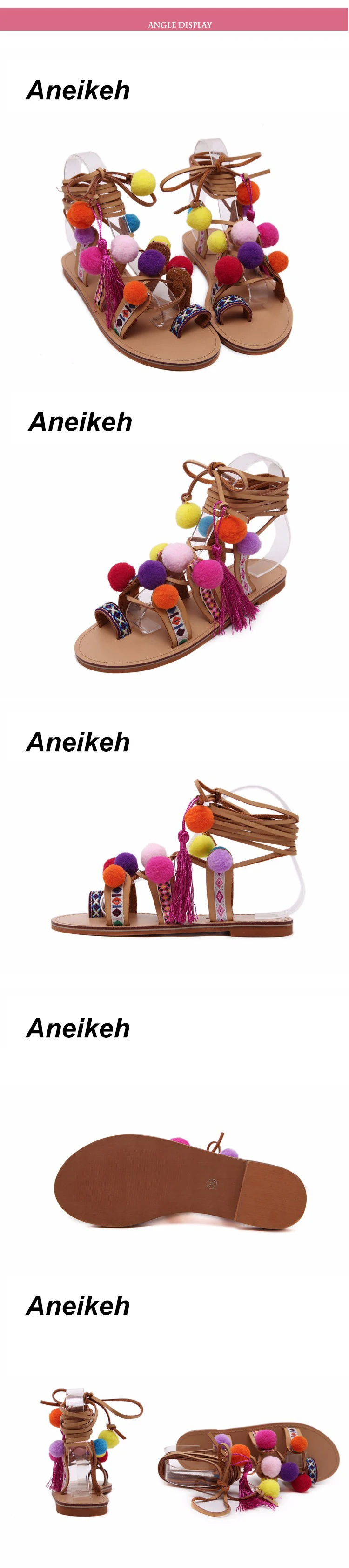 Aneikeh/; Sandalias Pompones; замшевые сандалии-гладиаторы с помпонами; женские сандалии до колена на плоской подошве со шнуровкой; женская обувь; сезон лето; цвет коричневый