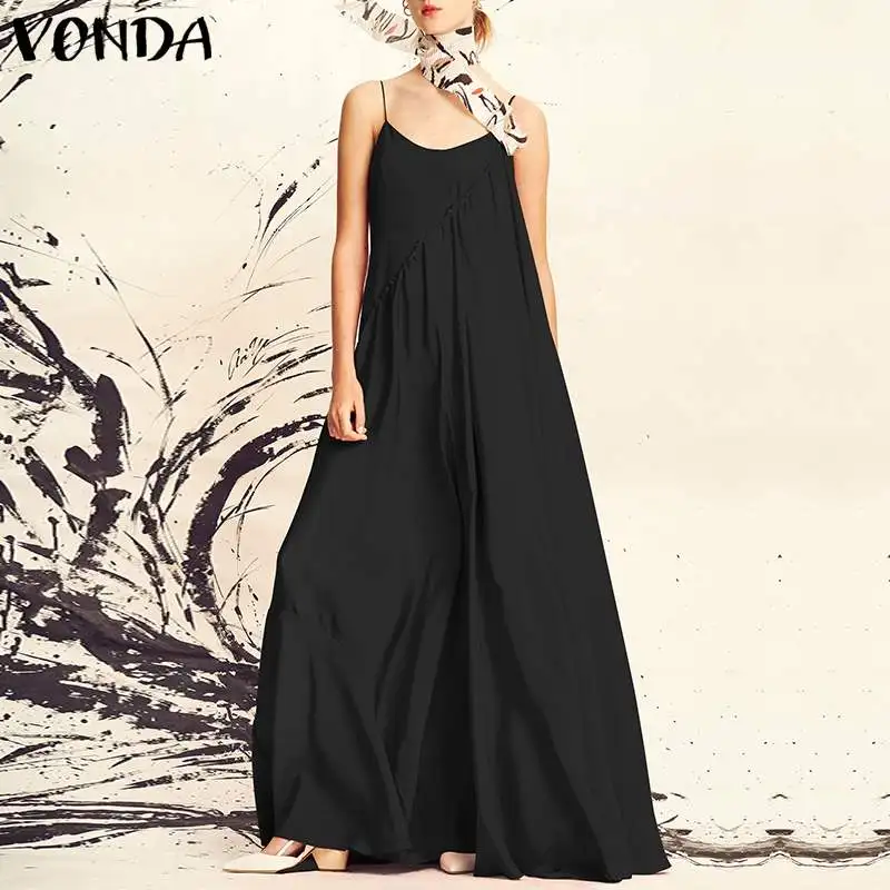 Черный VONDA, женское платье,, летнее, Пляжное, сексуальное, на бретельках, без рукавов, длинное, макси платье, повседневное, свободное, размера плюс, Vestidos - Цвет: Черный