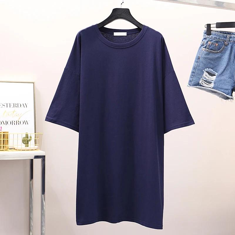 Новая модная длинная футболка женская летняя Однотонная с коротким рукавом и