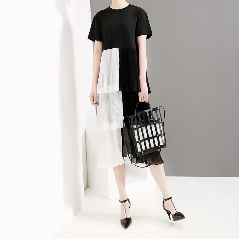 Новинка 2019 года плиссированные платья в стиле пэчворк с коротким рукавом летние