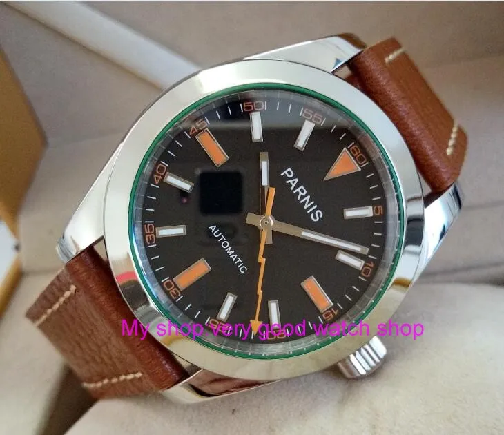 Мужские часы Parnis с сапфирами и стеклом автоматические 21 драгоценностью 40 мм 2017