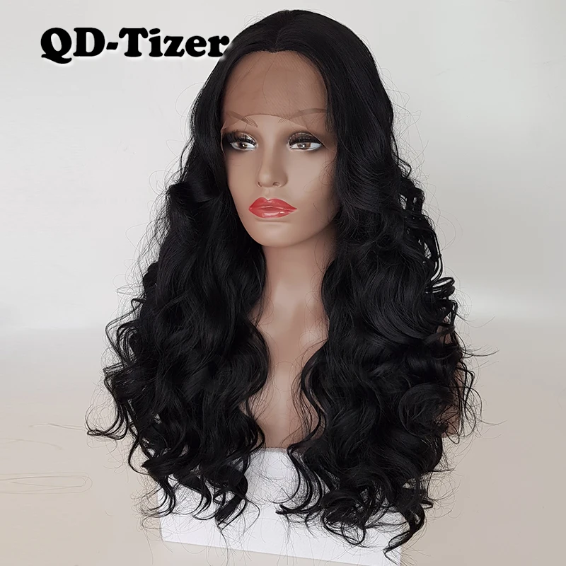 QD Tizer Body Wave черный цвет с челкой кружевные парики без клея крупные волнистые