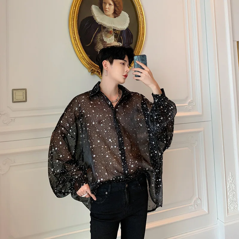 Spring Summer New Paper People Chic Heart Machine Shirt Men Loose Bat Sleeve Star Network Mesh Sunscreen Singer Tops | Мужская одежда