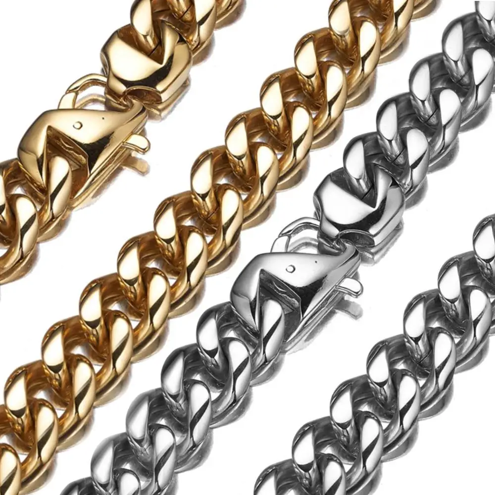 

7-40"Silver Color/Gold Filled Solid Necklace Or Bracelet Cuban Curb Chains Link Men Women Choker Jewelry Stainless Steel 13/15mm