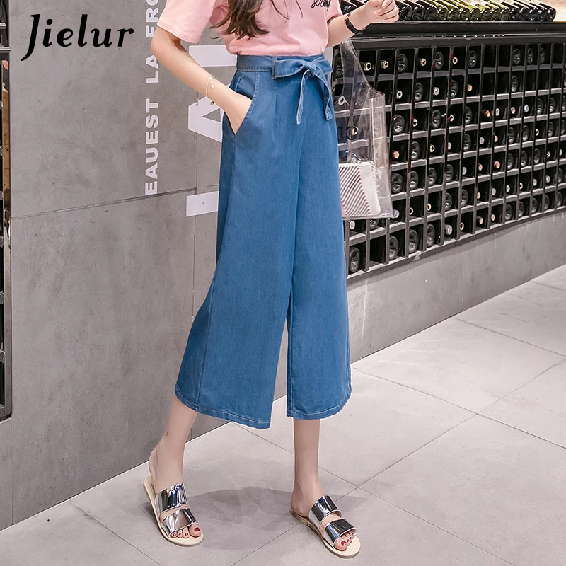 Jielur Loose Fashion Bow Wide Leg Mom Jeans for Women S-5XL Plus Size Feminino Pockets Slim Denim Capri Dropshipping |