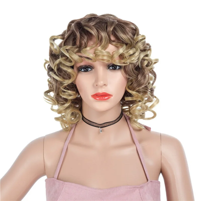 MSI Wigs Омбре блонд вьющиеся короткие парики с челкой черный синтетический термостойкий парик для женщин смешанные цвета женские волосы