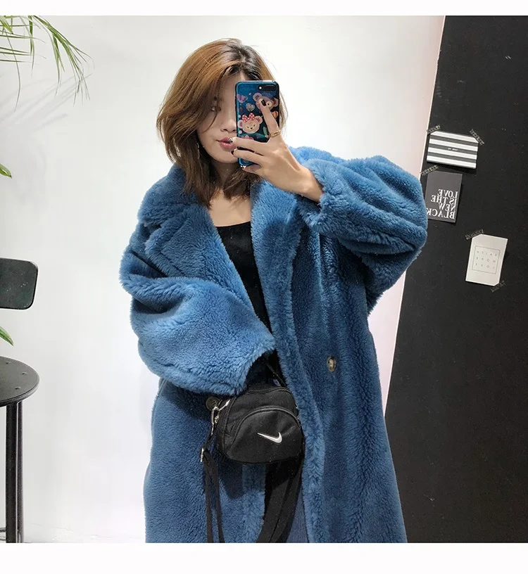 Blue Тедди Стиль Негабаритных Настоящее Шуба из Ягненка Мех Женщин Зима Натуральная Натуральная Шерсть Овечий Мех Длинные Пальто Куртка - Цвет: Blue