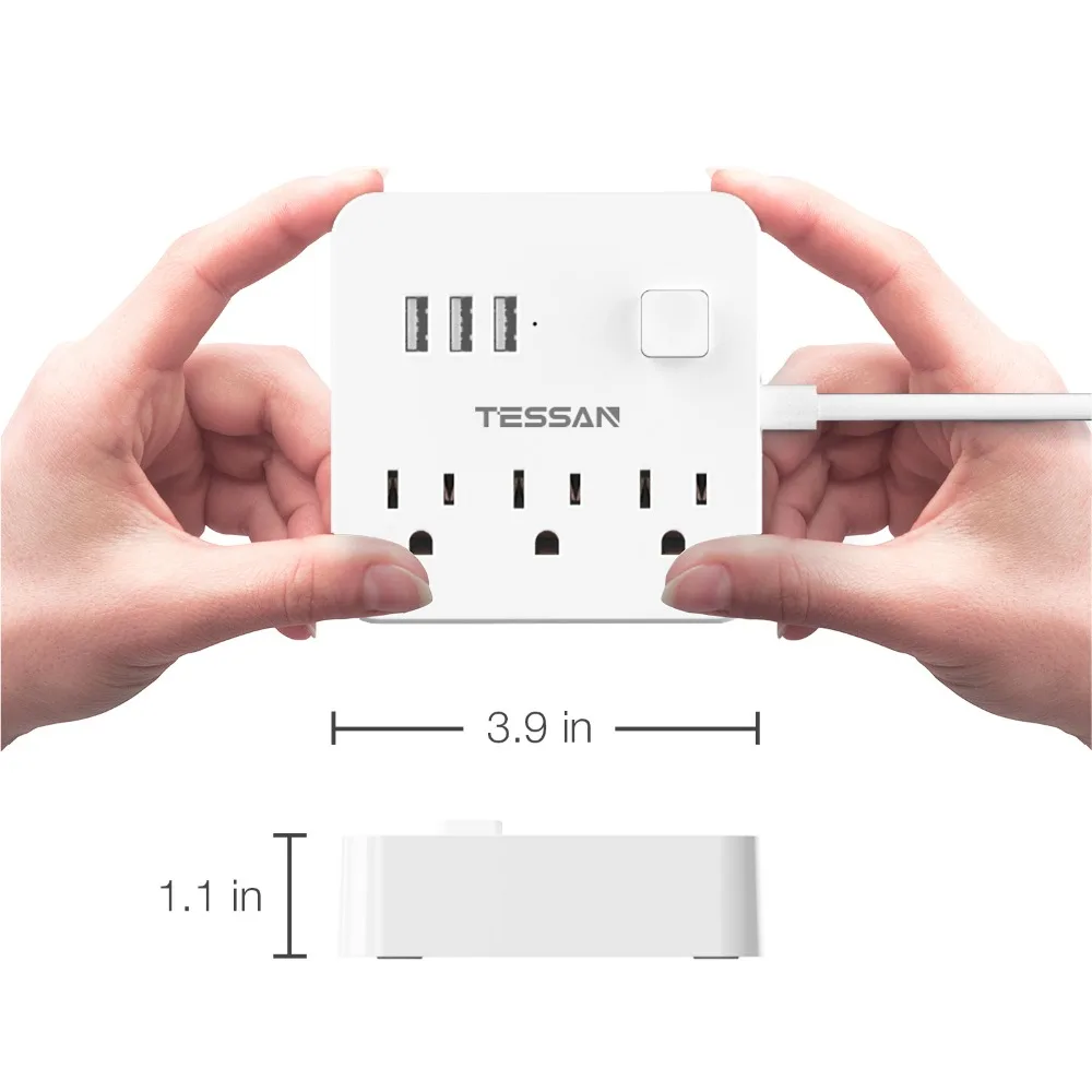 Tessan США Путешествия мощность полосы с 3 USB и 3 розетки настольная зарядная станция с 5 футов шнур мини USB AC разъем для США