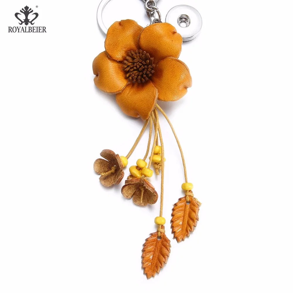 

RoyalBeier Flower DIY Key Chains PU Leather Orange Leaf Fit 18mm Snap Button Keychain Jewelry For Men Women Car Keyrings