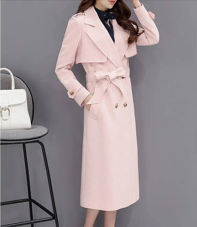 Весенне осенний Новый Розовый Женский Тренч 2017 длинный Повседневный однобортный