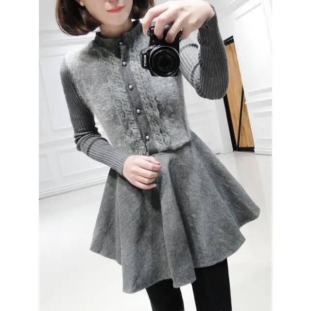 2015 Spring new han edition single-breasted waist lace stitching tweed dress | Женская одежда