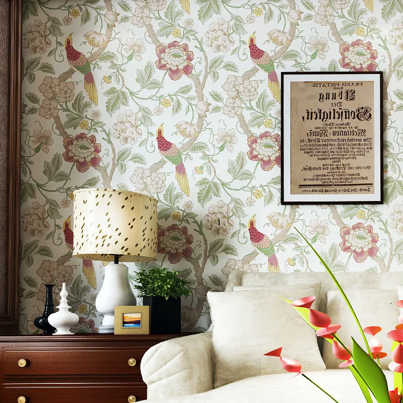 

Southeast Asian non-woven wallpaper imitation rice crown embroidery American bird wallpaper bedroom living room TV wall entrance