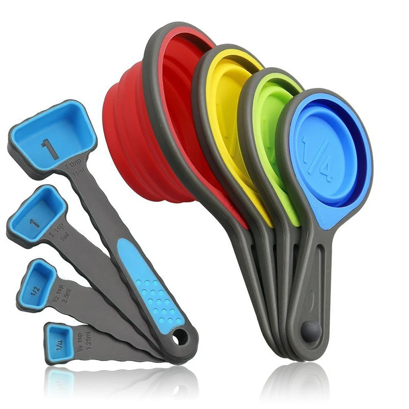 8pcs set blue 4/8 шт. силиконовая складная мерные ложки набор для выпекания хлебобулочных изделий муки мерные чашки Кофе Чай ложки для сахара дома Кухня Пособия по кулинарии инструменты - Цвет: 8pcs set blue