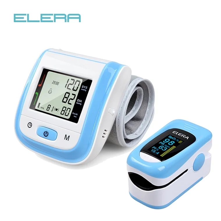 Health Care Pink LCD Digital Wrist Blood Pressure Monitor Tonometer+CE FDA Fingertip Pulse Pink Oximeter Oximetro Alarm Setting - Цвет: blue