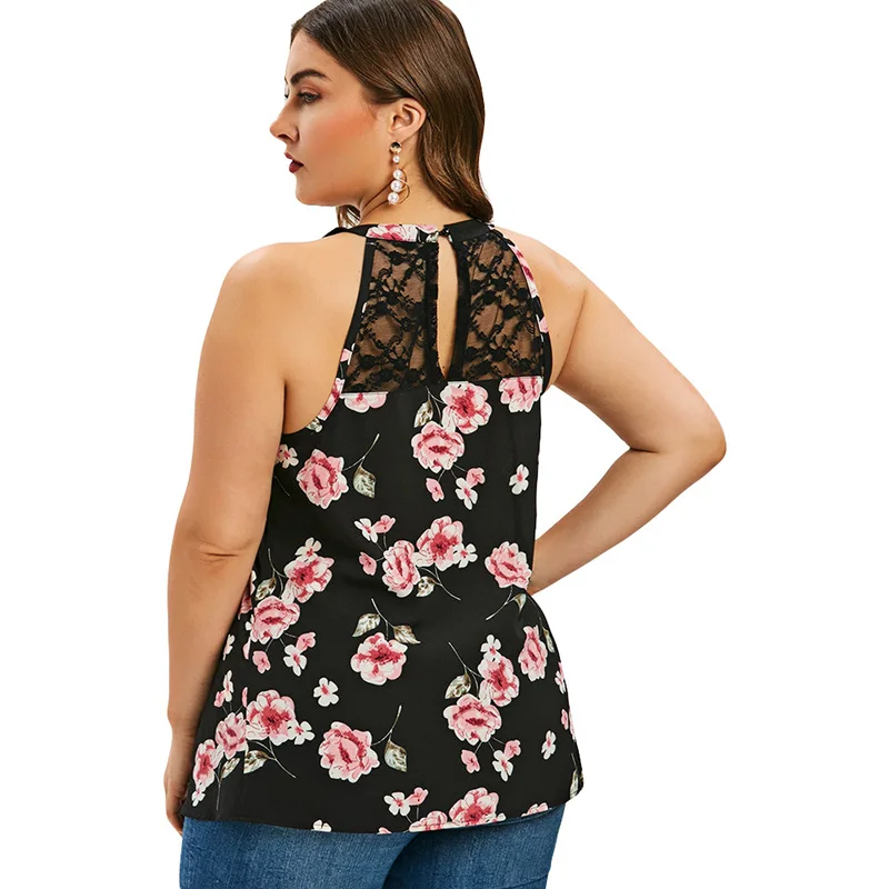 PlusMiss Plus Size 5XL Floral Printed Mesh Halter Cami Tops Women Clothing Big Camisole Sleeveless Summer Vest XXXXL XXXL | Женская