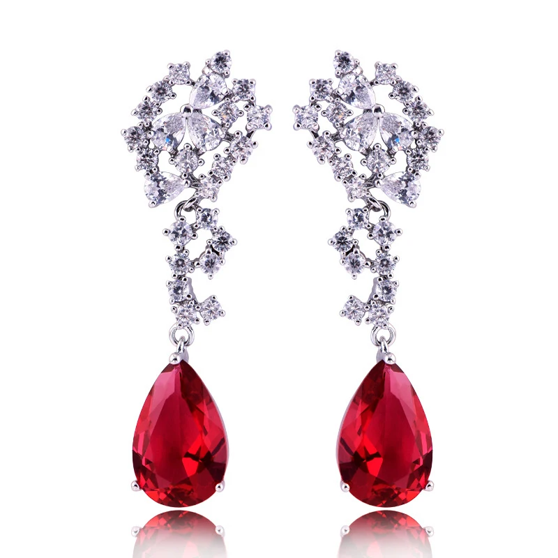 

HIBRIDE New Trendy Tear Shape Red Rhinestone Pendant Earrings Women Jewelry ,Charm Design Engagement Earring E-104