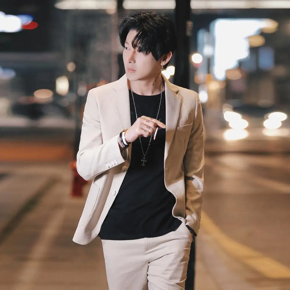 2019 Весна и лето освежающий бежевый корейский однобортный костюм из двух