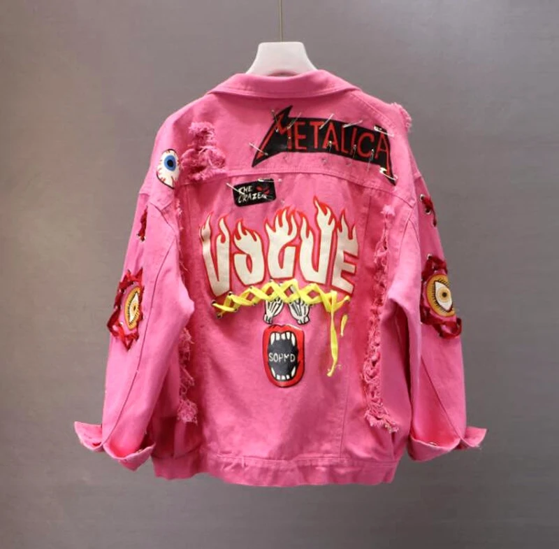 Женская джинсовая куртка с принтом однобортная длинными рукавами и карманами