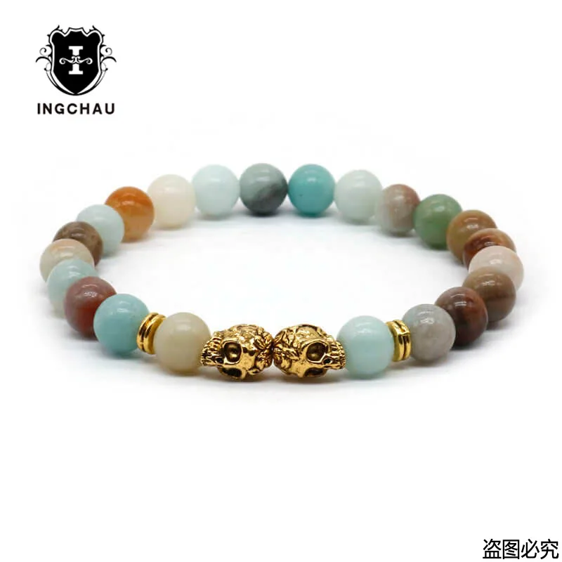 Amazonite Gold Античный Золотой Будда Браслет из головы черепа черный Лава камень скелет бисерные браслеты для мужчин женщин Pulseras Hombre N4-7 - Окраска металла: Amazonite Gold