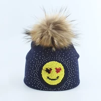 kid girl boy winter knit hat autumn beanie real raccoon fur pom pom warm cotton brim casual smile bling outdoor skiing accessory