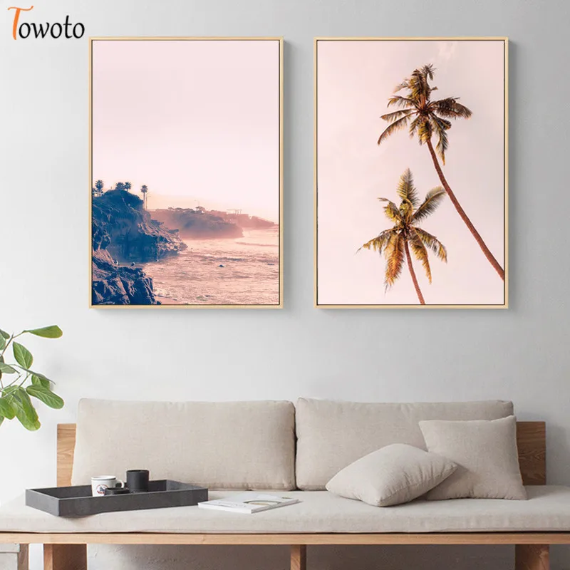 Seascape Canvas Painting Ocean Wave Art Print Palm Poster Pink Pastel Color Wall Decoration Pictures Coastal Decor | Дом и сад