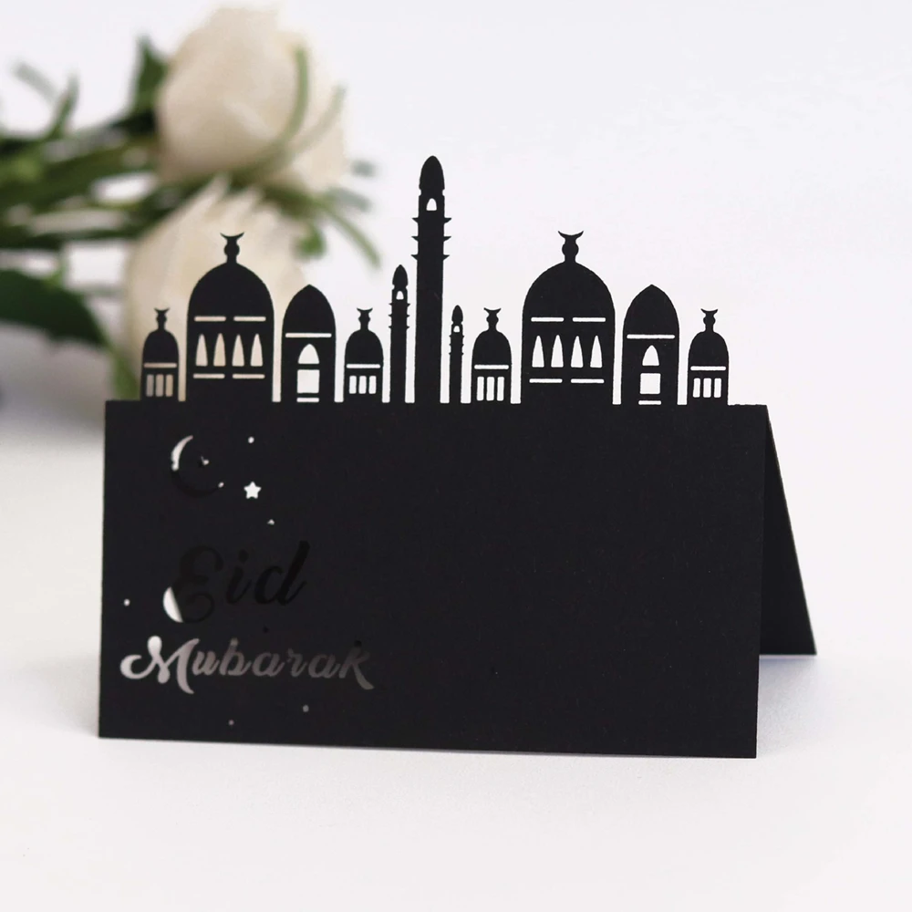 10 шт. Eid Mubarak вечерние карты для сидений, лазерные полые праздничные карты, Золотые Бронзовые карты для места, счастливые Eid Ramadan Kareem мусульманские Вечерние украшения - Цвет: Black
