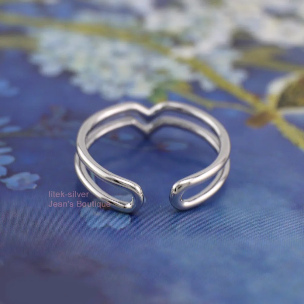 S92 Solid Sterling SIL Simple Double Layer Chevron V Stacking Adjuatable Ring A3598 | Rings