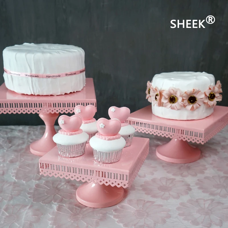 Розовая квадратная железная подставка под пирожные подходит для свадеб