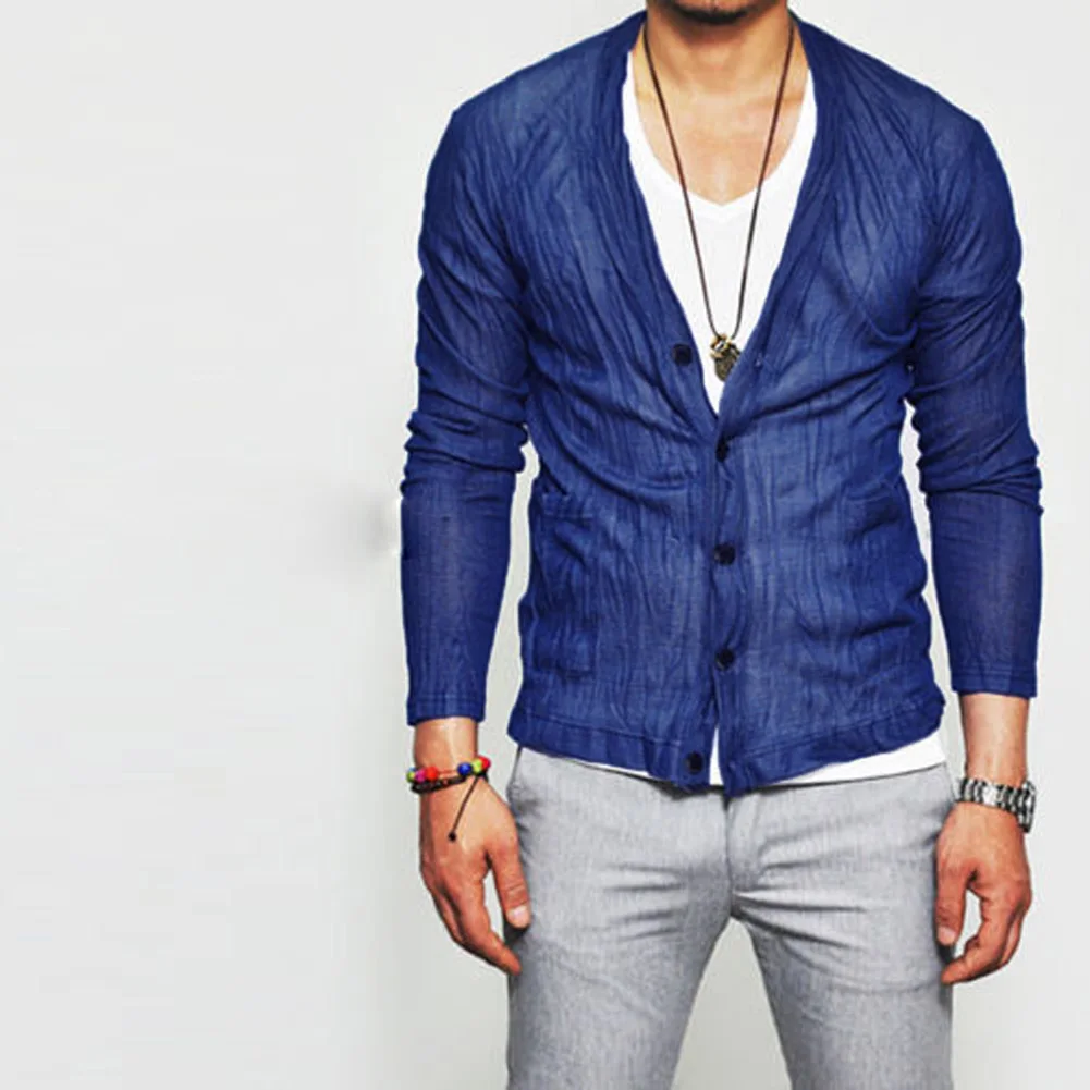 

New Men Light-weight Pastel Summer Wrinkle Slim Fit Fashion Cardigan Shirt Long Sleeve Single Breasted V-Neck Clothing