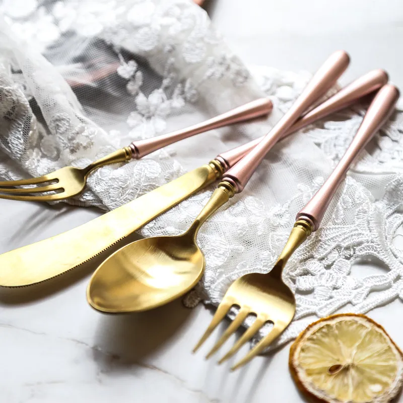 Винтажная Роскошная золотая посуда столовые приборы 24 шт. стальные ножи вилки