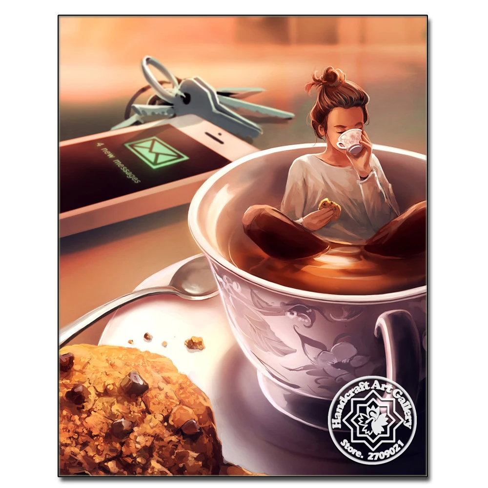 Moonzero Tea Time 3D DIY Diamond Painting Needlework Mosaic Kit Portrait Rhinestone Pasted Embroidery on - Чайное время Moonzero 3D набор для рукоделия с алмазной живописью по номерам, портретный мозаичный набор с наклеенными стразами для вышивки.