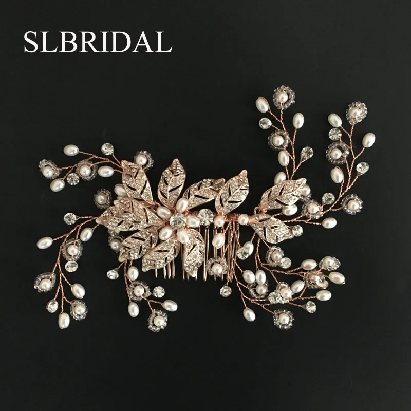 SLBRIDAL ручной работы Проводные хрустальные стразы цветок лист свадебный гребень для волос Свадебные аксессуары для головных уборов ювелирные изделия для подружек невесты