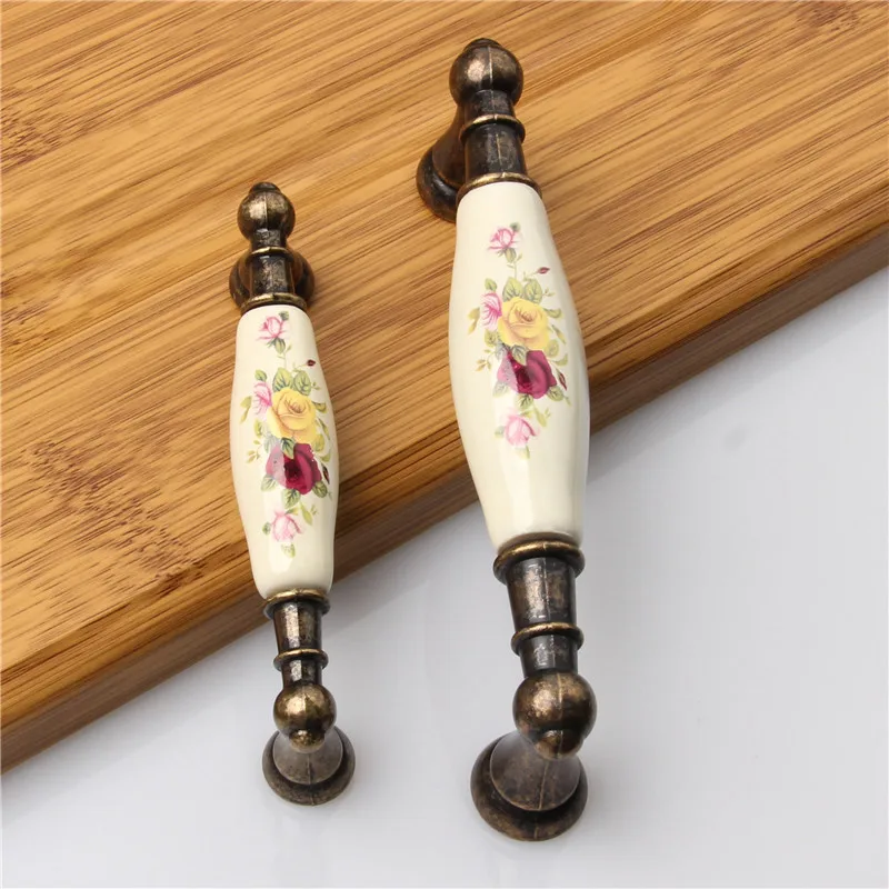 Антикварные винтажные Цветочные бронзовые керамические дверные ручки шкаф ящик