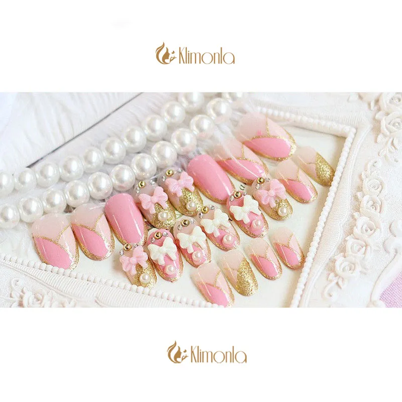 24 шт./лот накладные ногти полностью покрывающие 3D розовый лук блеск с жемчугом и