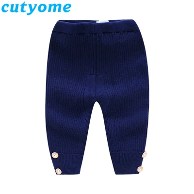 Navy Button Pant Вязаная для маленьких девочек расклешенные брюки осень-зима однотонные розовые/серые милые детские вязаные Леггинсы Брюки корейские Детские лосины - Цвет: Navy Button Pant