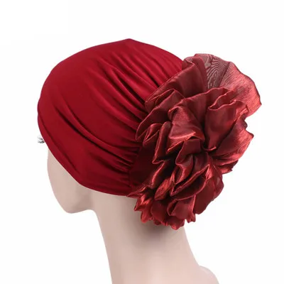 wine red Женский яркий мусульманский тюрбан индийский колпачок красный фиолетовый цвета ободок с большим цветком свадебная вечеринка для волос для потери головы обертывания аксессуары - Цвет: wine red