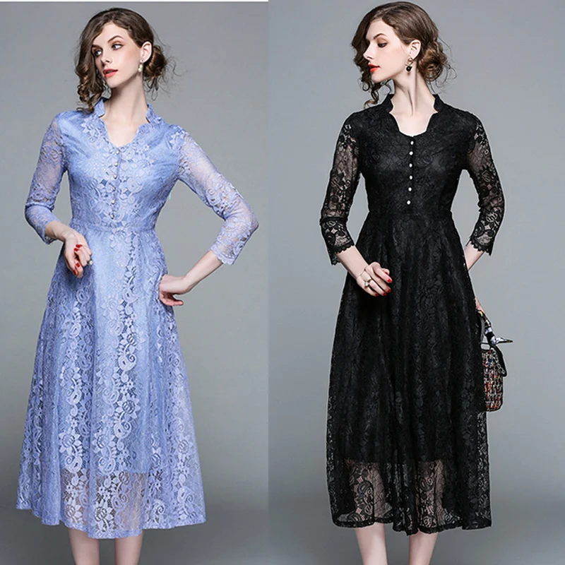 

Женское длинное кружевное платье с высокой талией, элегантное вечернее платье с v-образным вырезом и вышивкой, черный или синий светильник, ...