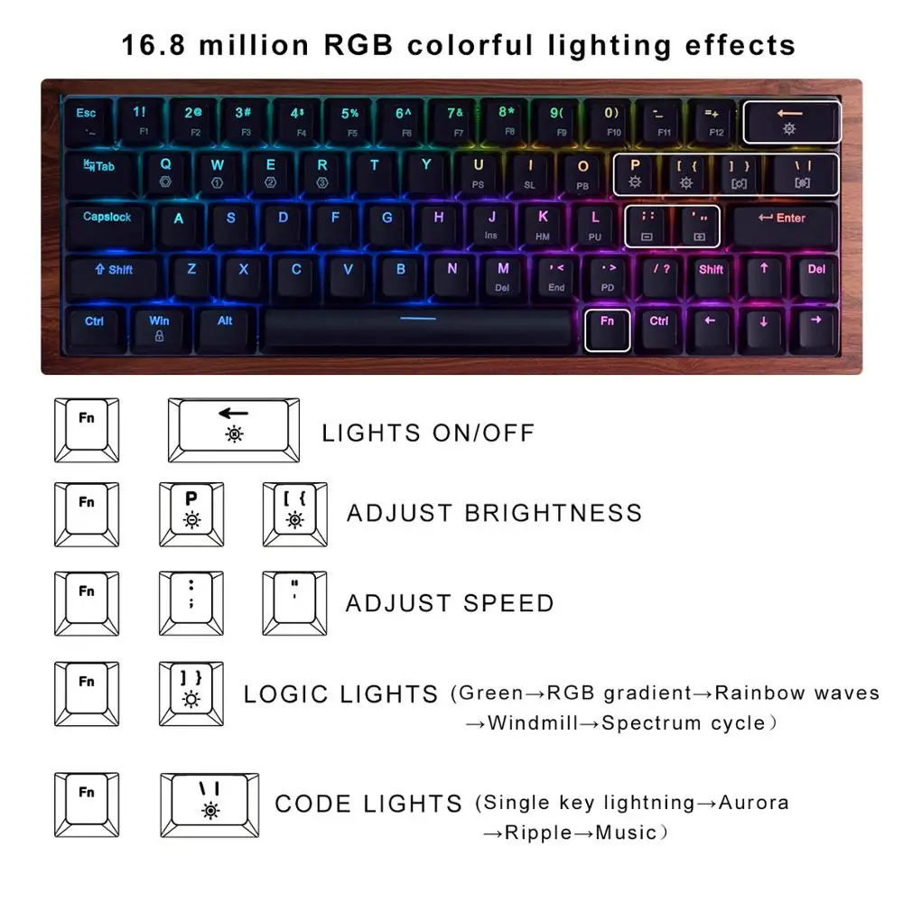 64 клавиши Механическая игровая клавиатура деревянный RGB светодиодный светильник