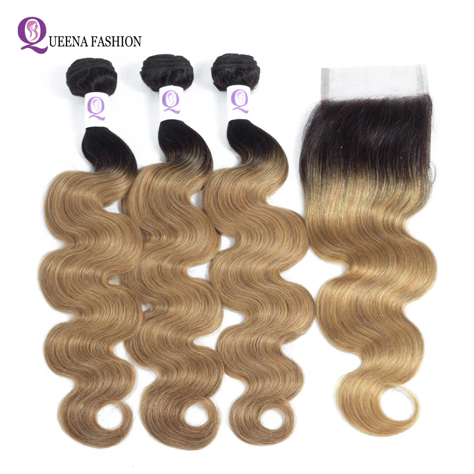 Омбре Камбоджийская волна тела 3 пучка с закрытием человеческие волосы пучки 1B/27
