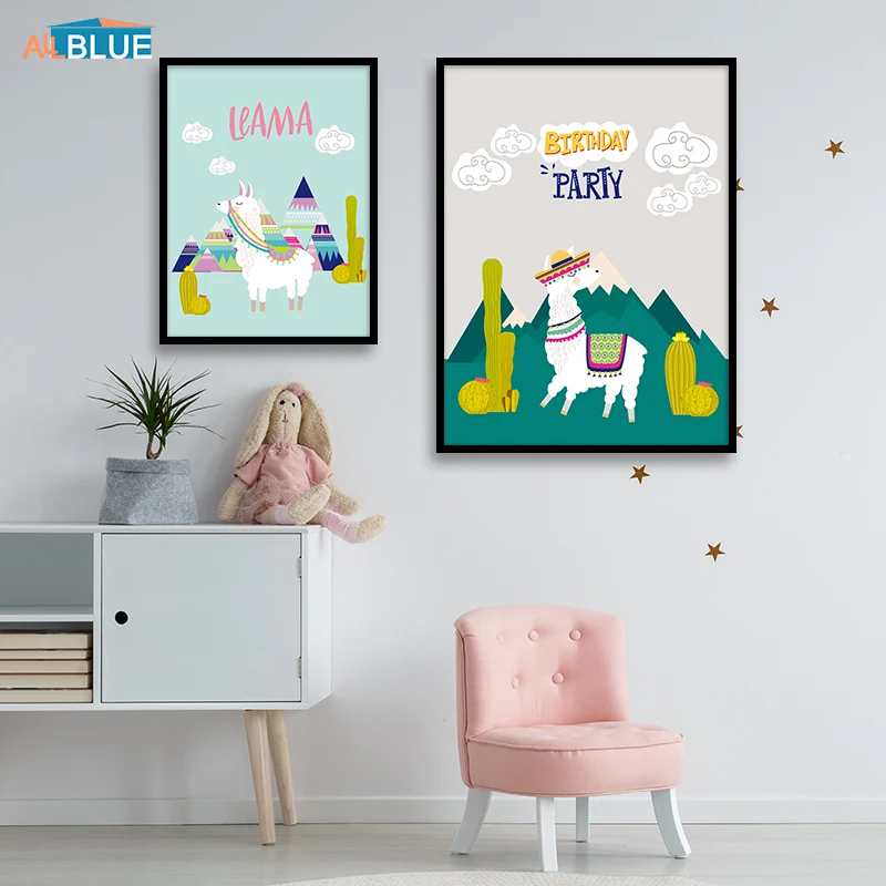 Nordic Lovely Cartoon Animal Alpaca Landscape Posters And Prints Canvas Painting Wall Art Pictures For Kids Room Bedroom Quote | Дом и сад
