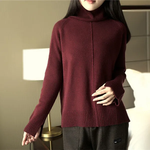 100%goat cashmere knit women pullover sweater front long back short high collar loose languid casual caramel 6color S/M/L | Женская