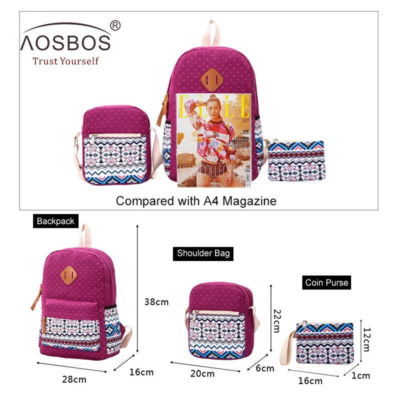 Aosbos 3 шт./компл. плоской подошве из парусины с орнаментом, школьные рюкзаки для девочек-подростков, Цветочный принт Рюкзаки Женские Винтаж школьная сумка mochila escolar