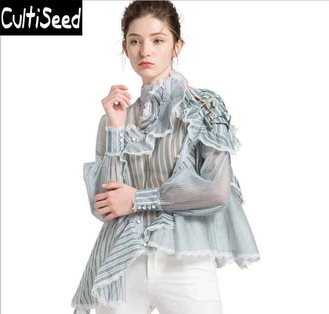 

Блузка женская в зеленую полоску, пикантная полупрозрачная винтажная водолазка с оборками, с перекрестными лямками, бандажная Асимметричн...