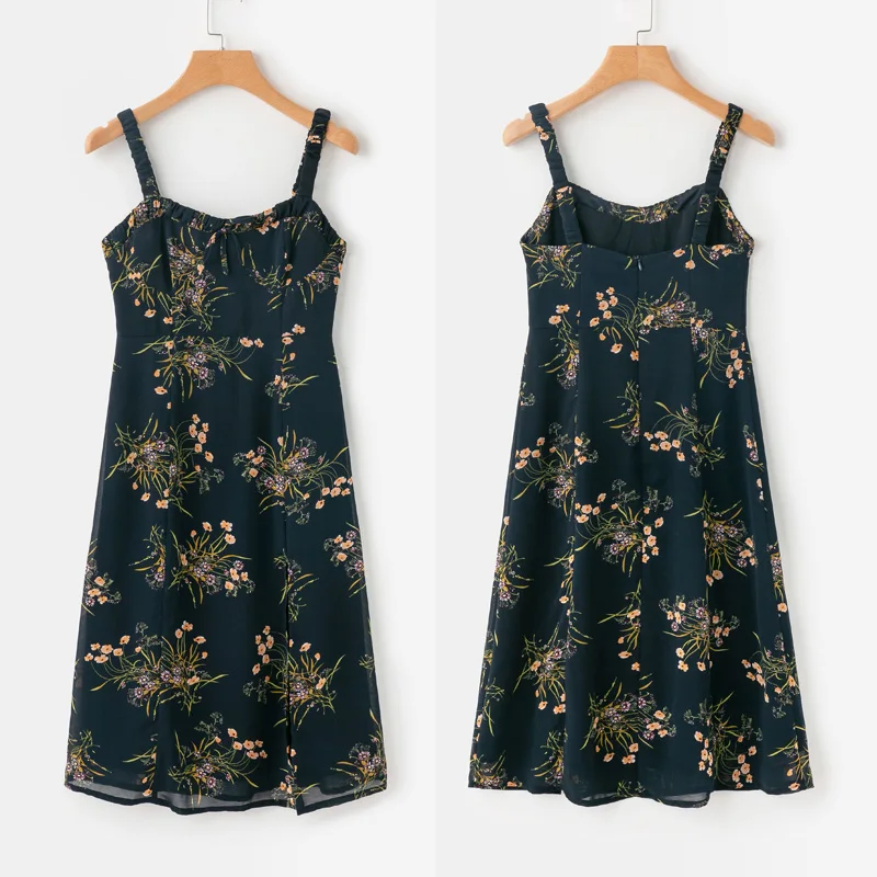 

Summer chiffon holiday Women vest dress split casual summer dress flower print halter dress Slim