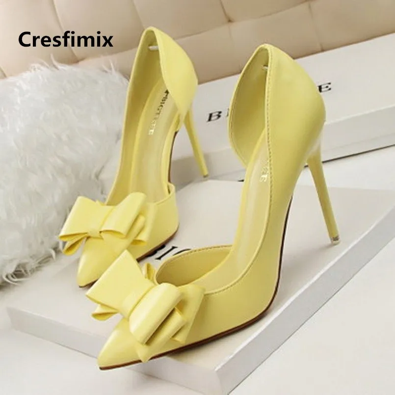 

Dame Talons Hauts Women Cute Stylish Pu Leather Bow Tie White Office High Heel Shoes Lady Casual Spring Slip on Shoes E2797