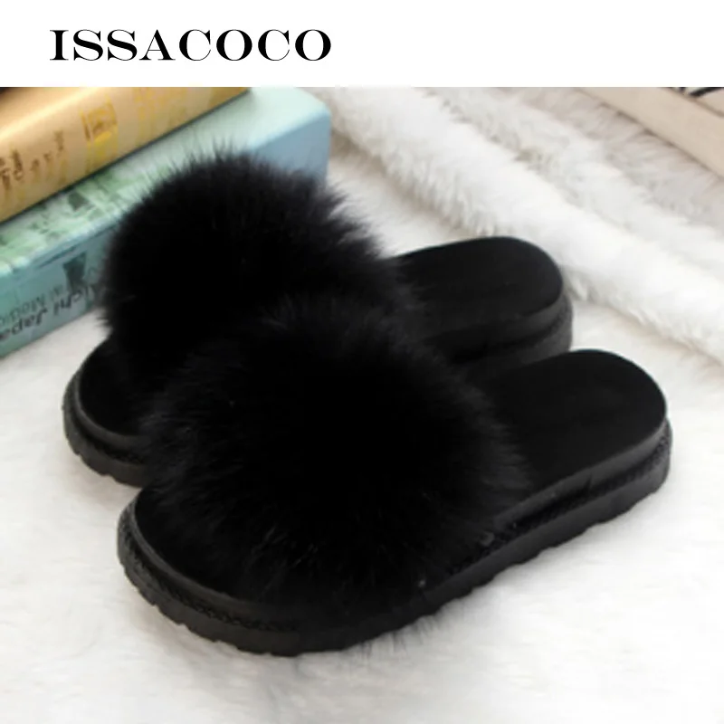 Black ISSACOCO/женские шлепанцы из натурального Лисьего меха; женские нескользящие пушистые меховые тапочки; женские пушистые тапочки; милые плюшевые тапочки с лисьим мехом - Цвет: Black